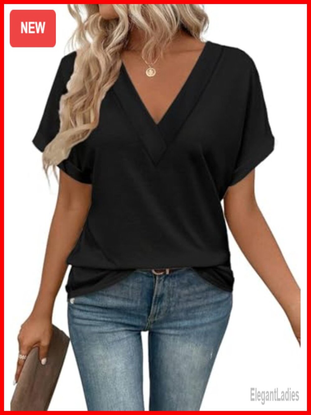 Women's V-Neck Rolled Short Sleeve Tee Business Casual Top